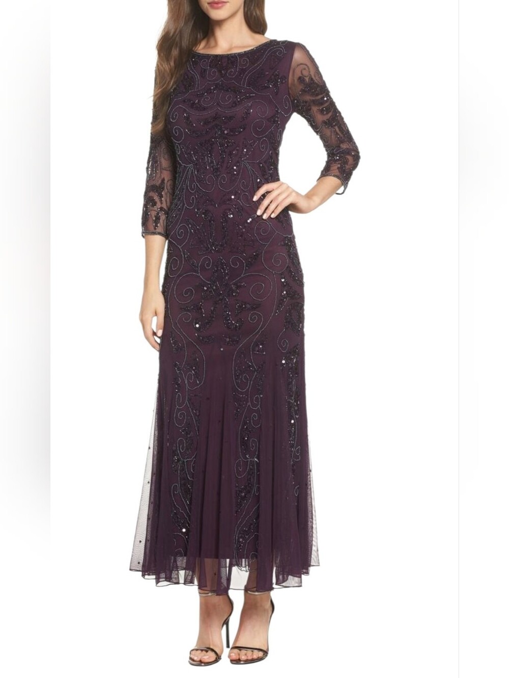 NWTPisarro Nights Plum Purple Beaded Sequin Mesh Gown Long Sleeve Maxi Drss Sz 2